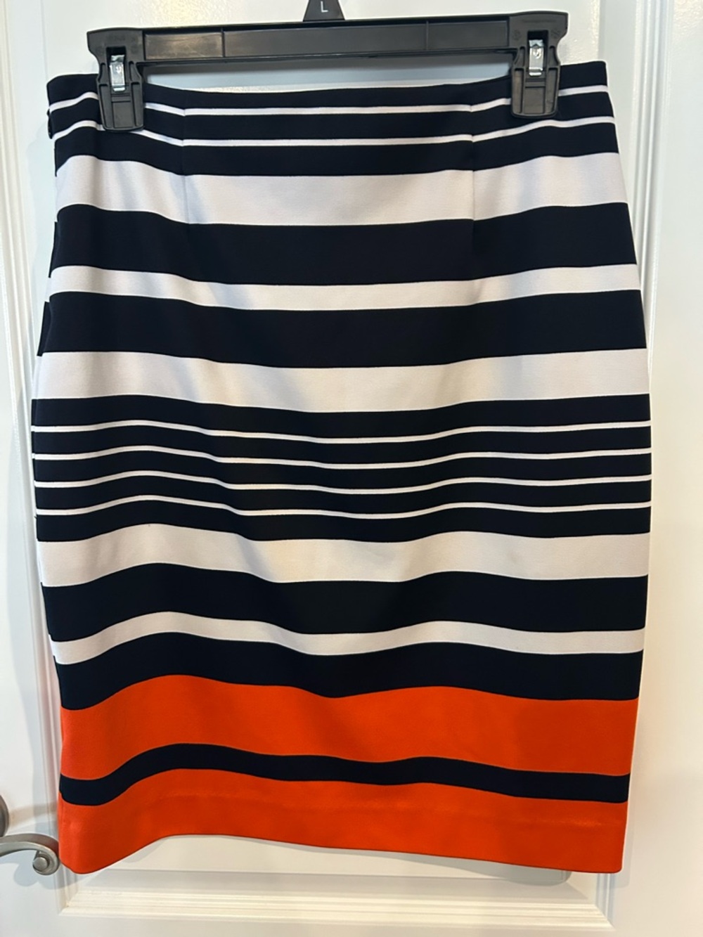 Michael Kors Navy, White & Orange Striped Pencil Skirt